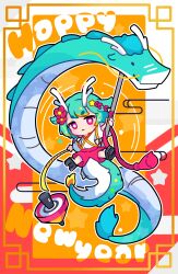 Rule 34 | 1girl, absurdres, animal ears, antlers, aqua hair, blonde hair, chinese zodiac, closed mouth, colored tips, deformed, dragon, dragon dance, dragon tail, eastern dragon, egasumi, english text, flower, full body, fur-tipped tail, geta, hair flower, hair ornament, happy new year, highres, holding, horns, looking at viewer, multicolored background, multicolored hair, new year, nontraditional miko, orange background, original, pants, pink eyes, red background, red flower, red pants, sheep avery, short hair, solo, spinning top, star-shaped pupils, star (symbol), symbol-shaped pupils, tail, wide sleeves, year of the dragon