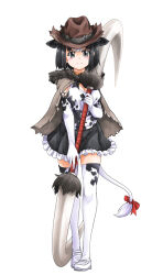 Rule 34 | 1girl, animal ears, animal print, black hair, black skirt, bow, breasts, center opening, cleavage, cloak, closed mouth, collared shirt, cow ears, cow girl, cow print, cow tail, elbow gloves, extra ears, eyelashes, frilled skirt, frills, full body, fur-trimmed hood, fur trim, gloves, grey eyes, hand up, hat, holding, holding polearm, holding weapon, holstein friesian cattle (kemono friends), hood, hood down, hooded cloak, kemono friends, light blush, looking at viewer, medium breasts, medium hair, miniskirt, multicolored hair, naka (nicovideo14185763), outstretched arm, polearm, print gloves, print shirt, print thighhighs, red bow, shirt, shoes, simple background, skirt, sleeveless, sleeveless shirt, smile, solo, standing, tail, tail bow, tail ornament, thighhighs, torn cloak, torn clothes, torn hat, two-tone hair, v, weapon, white background, white footwear, white hair, zettai ryouiki