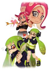 Rule 34 | 2girls, agent 3 (splatoon), agent 8 (splatoon), bike shorts, closed mouth, commentary request, crop top, fang, grey eyes, headphones, heart, heart-shaped pupils, heart hands, highres, implied yuri, inkling, inkling girl, inkling player character, korean commentary, long hair, medium hair, midriff, multiple girls, navel, nintendo, octoling, octoling girl, octoling player character, open mouth, orange eyes, pencil skirt, pink hair, salmon yeon eo, simple background, skirt, splatoon (series), symbol-shaped pupils, tentacle hair, thick eyebrows, vest, white background