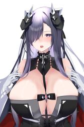 Rule 34 | 1girl, august von parseval (azur lane), azur lane, bare shoulders, between breasts, black dress, black horns, blue eyes, blush, breasts, cleavage, clothing cutout, cross, cross-laced clothes, cross-laced dress, curled horns, dress, gloves, grey hair, hair over one eye, highres, horns, huge breasts, iron cross, leash, leash between breasts, long hair, mechanical horns, non (noahtan), one eye covered, open mouth, simple background, solo, strap between breasts, sweat, translation request, underboob cutout, white background, white gloves