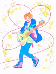 Rule 34 | bibibimix39, blonde hair, blue hoodie, blue panties, closed eyes, floral print, given, guitar, holding, holding instrument, hood, hoodie, instrument, kashima hiiragi (given), open mouth, panties, pink footwear, simple background, smile, underwear, white background