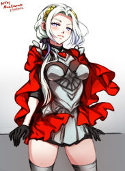 Rule 34 | 1girl, blush, breasts, cape, closed mouth, edelgard von hresvelg, fire emblem, fire emblem: three houses, fire emblem warriors: three hopes, gloves, hair ornament, hair ribbon, long hair, long sleeves, looking at viewer, mina cream, nintendo, official alternate costume, official alternate hairstyle, purple eyes, red cape, ribbon, simple background, smile, solo, white hair