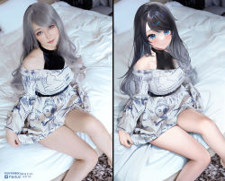 Rule 34 | 1girl, bare shoulders, bed, bed sheet, black hair, blue eyes, blush, closed mouth, dress, fanbox username, fantia username, grey hair, highres, lips, long hair, long sleeves, looking at viewer, machi (7769), on bed, original, parted bangs, photo-referenced, pillow, print dress, real life, self-portrait, sitting, smile, solo, thighs, white dress