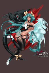 Rule 34 | 1girl, angel wings, asymmetrical wings, bare shoulders, belt, black panties, blue eyes, breasts, detached sleeves, dizzy (guilty gear), finger to mouth, guilty gear, guilty gear x, guilty gear xx, hair ribbon, hand on own chest, large breasts, looking at viewer, midriff, monster girl, navel, necro (guilty gear), panties, red eyes, ribbon, see-through, setumi, tail, tail ornament, tail ribbon, thick thighs, thigh strap, thighhighs, thighs, twintails, underboob, underwear, undine (guilty gear), wings, yellow ribbon