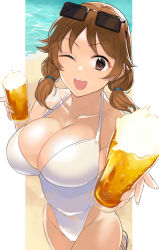 Rule 34 | 1girl, ;d, alcohol, ashita (2010), beach, beer, breasts, brown eyes, brown hair, cleavage, collarbone, commentary request, cup, eyewear on head, glasses, highleg, highleg swimsuit, holding, holding cup, idolmaster, idolmaster cinderella girls, katagiri sanae, large breasts, looking at viewer, medium hair, ocean, one-piece swimsuit, one eye closed, open mouth, short twintails, smile, solo, swimsuit, thighs, twintails, white one-piece swimsuit