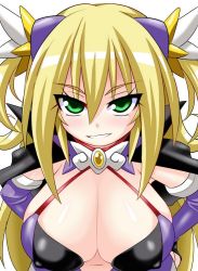 Rule 34 | 1girl, ake no hoshi no elise, battle spirits, blonde hair, breasts, cleavage, elbow gloves, gloves, green eyes, grin, konno tohiro, large breasts, long hair, looking at viewer, saikyou ginga ultimate zero ~battle spirits~, simple background, smile, solo, white background