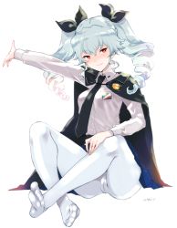 Rule 34 | 10s, 1girl, anchovy (girls und panzer), anzio school uniform, arm up, artist name, black cape, black necktie, black ribbon, black skirt, blush, cape, closed mouth, commentary request, dress shirt, drill hair, emblem, full body, girls und panzer, green hair, groin, hair ribbon, hand on own knee, highres, invisible chair, long hair, long sleeves, looking at viewer, miniskirt, necktie, no shoes, pantyhose, pleated skirt, red eyes, ribbon, school uniform, shirt, signature, simple background, sitting, skirt, smile, solo, twin drills, twintails, umiu (hoge), white background, white pantyhose, white shirt, wing collar