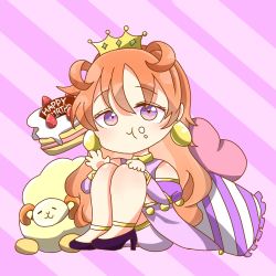 Rule 34 | 1girl, artist name, artist request, bare legs, blush, bracelet, breasts, brown hair, butterfly (love live!), chibi, choker, cleavage, clothing cutout, collarbone, cropped shirt, crown, detached sleeves, double bun, dress, dress shirt, earrings, eatibg, female focus, food, food on face, full body, gold bracelet, hair between eyes, hair bun, hair rings, harem outfit, heart, heart-shaped pillow, high heels, highres, jewelry, konoe kanata, long hair, looking at viewer, love live!, love live! nijigasaki high school idol club, love live! school idol festival, navel, parted lips, pillow, pink background, puffy short sleeves, puffy sleeves, purple eyes, purple footwear, purple shirt, purple shorts, shirt, short sleeves, shorts, shoulder cutout, sitting, smile, solo, striped, striped background, striped pillow, stuffed animal, stuffed sheep, stuffed toy, two side up, yellow bracelet, yellow choker