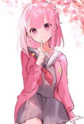 Rule 34 | 1girl, cardigan, cherry blossoms, commentary request, finger to mouth, grey skirt, highres, medium hair, mochimoti0528, ootori emu, pink cardigan, pink eyes, pink hair, pink theme, pleated skirt, project sekai, sailor collar, school uniform, serafuku, skirt, smile, smiley face, solo