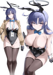 1girl absurdres animal_ears black_gloves black_leotard blue_archive blue_bow blue_bowtie blue_eyes blue_hair bow bowtie breasts brown_thighhighs cleavage cliov collarbone fake_animal_ears gloves halo hand_in_pocket highres id_card jacket lanyard large_breasts leotard multiple_views parted_lips playboy_bunny rabbit_ears simple_background sitting standing thighhighs thighs white_background wrist_cuffs yellow_jacket yuuka_(blue_archive)