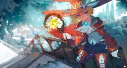 Rule 34 | 1other, absurdres, ambiguous gender, blonde hair, blue eyes, building, castle, closed mouth, coat, en (976989738), feathers, gem, gloves, glowing, grass, hair between eyes, hat, hat feather, highres, holding, holding staff, huge filesize, large hat, medium hair, orange coat, orange hat, original, outdoors, patterned, patterned clothing, railing, silhouette, sitting, smile, solo, sparkle, staff, stairs, star (symbol), tree, white gloves