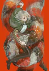 Rule 34 | 1boy, black eyes, black footwear, blonde hair, boots, cape, clenched hand, dungeon meshi, elf, expressionless, from above, gorget, green cape, highres, jiuzhong054, long sleeves, male focus, mithrun, notched ear, pointy ears, red background, restrained, shirt, short hair, simple background, snake, snake bondage, solo, thigh boots, white shirt