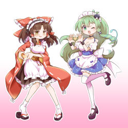 Rule 34 | 2girls, adapted costume, ahoge, alternate costume, apron, back bow, bare shoulders, belt, blue bow, blue dress, blush, bow, breasts, brown eyes, brown footwear, brown hair, brown skirt, choker, dress, frills, frog hair ornament, futa (nabezoko), gradient background, green eyes, green hair, grey choker, grey footwear, grey ribbon, hair between eyes, hair ornament, hair tubes, hakurei reimu, hands up, heart, heart hands, japanese clothes, kochiya sanae, leg up, long hair, long sleeves, looking at viewer, maid, maid headdress, medium breasts, mixed maids, multiple girls, nervous, off-shoulder dress, off shoulder, okobo, one eye closed, open mouth, pink background, puffy short sleeves, puffy sleeves, red bow, red shirt, ribbon, sandals, shirt, shoes, short hair, short sleeves, skirt, slippers, smile, snake hair ornament, standing, standing on one leg, sweat, sweatdrop, teeth, thighhighs, tongue, touhou, v-shaped eyebrows, wa maid, white apron, white background, white bow, white legwear, wide sleeves, yellow belt
