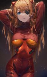 Rule 34 | 1girl, absurdres, aibek, arms behind head, arms up, bad id, bad twitter id, blue eyes, bodysuit, bodysuit under clothes, breasts, brown background, brown hair, cowboy shot, crop top, cropped jacket, evangelion: 3.0 you can (not) redo, eyepatch, gradient background, hand in own hair, headgear, highres, interface headset, jacket, long bangs, long hair, looking at viewer, medium breasts, neon genesis evangelion, parted lips, pilot suit, plugsuit, rebuild of evangelion, red bodysuit, red jacket, science fiction, shiny clothes, solo, souryuu asuka langley, stomach, turtleneck, very long hair, wide hips