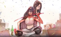 Rule 34 | 2girls, :d, absurdres, bandages, bare arms, belt, black-framed eyewear, black belt, black choker, black hair, black jacket, blue eyes, boots, bottle, breasts, chest sarashi, choker, cleavage, commentary, confetti, dokuro deluxe, dual persona, english commentary, glasses, highres, holding, holding sword, holding weapon, indian style, indie virtual youtuber, jacket, katana, kson, kson (person), large breasts, long hair, looking at viewer, midriff, multiple girls, navel, open mouth, over shoulder, pants, real life, sarashi, sitting, smile, souchou, stomach, strapless, sword, tube top, virtual youtuber, weapon, weapon over shoulder, white background, white footwear, white pants