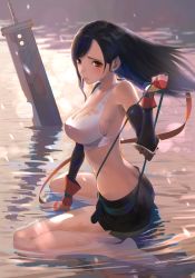 Rule 34 | 1girl, black hair, black skirt, blouse, breasts, brown eyes, cacn, cleavage, commentary request, earrings, elbow gloves, final fantasy, final fantasy vii, fingerless gloves, gloves, highres, jewelry, long hair, looking at viewer, red eyes, shirt, sitting, skirt, solo, square enix, suspender skirt, suspenders, swept bangs, sword, tank top, tears, tifa lockhart, torn clothes, torn shirt, water, weapon, wet, wet clothes
