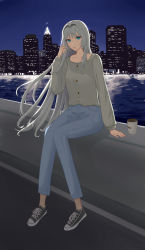 Rule 34 | 1girl, absurdres, an-94 (girls&#039; frontline), aqua eyes, city lights, closed mouth, coffee cup, cup, denim, disposable cup, girls&#039; frontline, grey shirt, hairband, hand in own hair, hanser, highres, jeans, long hair, looking at viewer, pants, platinum blonde hair, shirt, shoes, silver hair, simple background, sitting, sneakers, solo