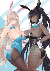 Rule 34 | 2girls, absurdres, animal ears, aqua bow, aqua bowtie, aqua eyes, aqua leotard, asuna (blue archive), asuna (bunny) (blue archive), bare shoulders, black hair, black leotard, blue archive, blush, bow, bowtie, breast press, breasts, chinese commentary, closed mouth, covered navel, cowboy shot, curvy, dark-skinned female, dark skin, detached collar, fake animal ears, fishnet legwear, fishnets, gloves, hair between eyes, hair over one eye, hand on own hip, hand on own chest, high ponytail, highleg, highleg leotard, highres, karin (blue archive), karin (bunny) (blue archive), large breasts, leotard, long hair, looking back, multiple girls, nayuko (wuyou nayuko), no bra, number tattoo, official alternate costume, open mouth, pantyhose, parted bangs, platinum blonde hair, playboy bunny, rabbit ears, rabbit tail, sideboob, sidelocks, simple background, strapless, strapless leotard, tail, tattoo, teeth, traditional bowtie, two-tone background, very long hair, white gloves, wide hips, wrist cuffs, yellow eyes