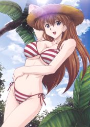 Rule 34 | 1girl, absurdres, bikini, breasts, cloud, curvy, female focus, hat, highres, large breasts, long hair, neon genesis evangelion, shiny clothes, sky, smile, solo, souryuu asuka langley, striped bikini, striped clothes, swimsuit, uninigumi