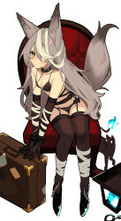 Rule 34 | 1girl, absurdres, animal ears, black bra, black cat, black footwear, black panties, black thighhighs, blue fire, bra, briefcase, bright pupils, cat, chain, collar, fenrir (ghost (tama)), fire, ghost (tama), grey hair, highres, lace, lace bra, lace panties, looking at viewer, original, panties, sitting, solo, tail, thighhighs, underwear, white background, white pupils, wolf ears, wolf girl, wolf tail, yellow eyes