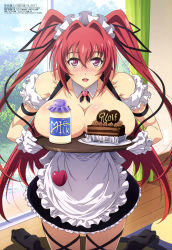 Rule 34 | 10s, 1girl, :d, absurdres, alternate costume, apron, arm garter, arm strap, armband, bare shoulders, black thighhighs, blush, body blush, bottle, breast rest, breasts, breasts out, bush, cake, cake slice, candy, carried breast rest, carrying, chocolate, chocolate cake, chocolate heart, cleavage, convenient censoring, cross-laced clothes, cross-laced legwear, curtains, day, detached collar, dress, drink, electrical outlet, english text, enmaided, feet, female focus, food, fork, frilled apron, frilled dress, frills, gloves, grass, hair between eyes, hair intakes, hair ribbon, headdress, heart, highres, holding, icing, kasuya ken&#039;ichirou, kneeling, large breasts, long hair, looking at viewer, maid, maid apron, maid headdress, megami magazine, milk, milk bottle, naruse mio, no bra, no shoes, non-web source, nose blush, official art, on floor, open mouth, pink eyes, plate, pun, red eyes, red hair, ribbon, rug, scan, shadow, shinmai maou no testament, shinmai maou no testament burst, sliding doors, smile, socks, solo, thighhighs, tray, tree, twintails, two side up, very long hair, waitress, white gloves, window, wooden floor