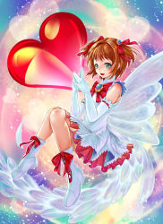 Rule 34 | 1990s (style), 1girl, :d, ankle boots, bare shoulders, blush, boots, bow, bowtie, brooch, brown hair, cardcaptor sakura, dress, elbow gloves, floating, full body, gem, gloves, green eyes, hair ribbon, heart, highres, jewelry, kinomoto sakura, looking at viewer, magical girl, munaage, open mouth, own hands together, red bow, red bowtie, red ribbon, retro artstyle, ribbon, ribbon-trimmed gloves, ribbon trim, shoes, short hair, sleeveless, sleeveless dress, smile, solo, thighs, white dress, white gloves