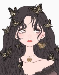 Rule 34 | 1girl, absurdres, brown hair, bug, butterfly, butterfly earrings, collarbone, earrings, eyeliner, highres, bug, jewelry, long hair, looking to the side, makeup, necklace, original, portrait, rikuwo, simple background, single earring, solo, white background