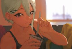 Rule 34 | 1girl, :t, black camisole, black eyes, blurry, bubble tea, camisole, close-up, cup, depth of field, disposable cup, drink, drinking straw, earrings, grey hair, hair between eyes, hair ornament, hairclip, idolmaster, idolmaster cinderella girls, indoors, jewelry, looking at viewer, shioda (shioda 5), shiomi syuko, short hair, solo, stud earrings, window