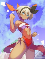Rule 34 | 1girl, aqua eyes, bandeau, bea (pokemon), black hairband, blush, breasts, clenched hands, closed mouth, cloud, commentary request, cosplay, creatures (company), dark-skinned female, dark skin, day, eyelashes, from below, game freak, gen 8 pokemon, grey hair, gym leader, hair between eyes, hairband, hand up, highres, katwo, legendary pokemon, loincloth, navel, nintendo, outdoors, panties, pokemon, pokemon swsh, red panties, short hair, sky, smile, solo, underwear, urshifu, urshifu (cosplay)