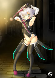 Rule 34 | 1girl, arm up, armpits, bandaged arm, bandages, black footwear, black gloves, black panties, black shirt, black thighhighs, boots, breasts, chize, commentary request, dagger, dual wielding, fate/grand order, fate (series), fingerless gloves, gloves, grey hair, groin, hair between eyes, holding, holding dagger, holding knife, holding weapon, jack the ripper (fate/apocrypha), knife, looking at viewer, navel, night, outdoors, panties, parted lips, sheath, shirt, single glove, sleeveless, sleeveless shirt, small breasts, solo, standing, thigh boots, thighhighs, underwear, unsheathed, weapon, yellow eyes