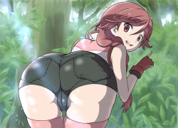 Rule 34 | 10s, 1girl, ass, bare shoulders, bent over, braid, cameltoe, denim, denim shorts, fingerless gloves, from behind, front braid, gloves, hai to gensou no grimgar, huge ass, long hair, looking at viewer, looking back, nounai zayaku, open mouth, panties, pantylines, pantyshot, red eyes, red hair, shiny clothes, shiny skin, short shorts, shorts, single braid, smile, solo, thighhighs, underwear, vest, wide hips, yume (grimgar)