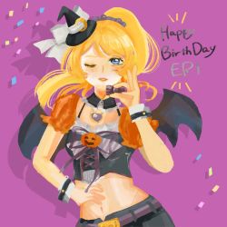 Rule 34 | 1girl, ;), artist name, artist request, ayase eli, bare shoulders, bat wings, belt, black choker, black detached collar, black dress, black hat, black pants, black shorts, black wings, blonde hair, blue eyes, blush, bow, breasts, candy, choker, cleavage, collarbone, crescent moon symbol, cross-laced clothes, cross-laced dress, detached collar, diamond (gemstone), dress, female focus, food, frilled dress, frilled shorts, frills, hair between eyes, hair bow, hair ornament, hair scrunchie, halloween, hand on own hip, hat, high ponytail, highres, holding, holding candy, holding food, jewelry, long hair, looking at viewer, love live!, love live! school idol festival, love live! school idol project, midriff, mini hat, moon print, navel, necklace, one eye closed, pants, parted lips, pink belt, pink ribbon, pink scrunchie, ponytail, puffy short sleeves, puffy sleeves, pumpkin print, purple background, ribbon, scrunchie, short hair, short sleeves, shorts, small breasts, smile, solo, which hat, white bow, white wrist cuffs, wing collar, wings, wink, wrist cuffs