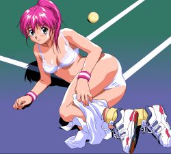 Rule 34 | 1girl, 4bpp, ball, bra, breasts, cleavage, green eyes, green hair, lingerie, lying, mahjong sports line, matching hair/eyes, on side, panties, pc-98 (style), pc98, pink hair, ponytail, shoes, sneakers, solo, tennis, tennis ball, underwear, underwear only, undressing