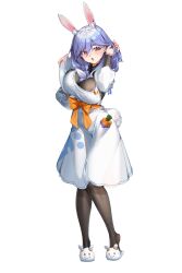 Rule 34 | 1girl, absurdres, aiza-ku, animal ear fluff, animal ears, animal slippers, black bodysuit, black pantyhose, blue hair, blush, bodysuit, braid, braided ponytail, breasts, carrot in pocket, cleavage, detached sleeves, dress, hair between breasts, highres, holding, holding plate, hololive, large breasts, looking at viewer, mature female, multicolored hair, open mouth, pantyhose, pekomama, plate, rabbit-shaped pupils, rabbit ears, rabbit girl, rabbit tail, red eyes, slippers, solo, streaked hair, symbol-shaped pupils, tail, transparent background, virtual youtuber, white dress, white footwear, white hair, white sleeves