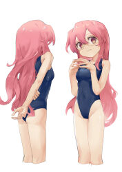 Rule 34 | 1girl, absurdres, ass, ass (zhengzhen), blue one-piece swimsuit, breasts, closed mouth, covered navel, cropped legs, flat ass, glasses, hair between eyes, hand on own arm, hands up, highleg, highleg swimsuit, highres, long hair, lucky star, multiple views, one-piece swimsuit, orange eyes, pink hair, simple background, small breasts, smile, standing, swimsuit, takara miyuki, wedgie, white background