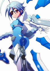 Rule 34 | 1girl, ahoge, artist name, ass, blazblue, blue hair, blush, bodysuit, breasts, eyepatch, gauntlets, gloves, hair weapon, light blue hair, looking at viewer, looking back, machinery, nu-13, ookami maito, red eyes, simple background, small breasts, solo, unitard, white background, white gloves, white hair