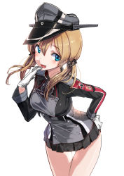Rule 34 | 10s, 1girl, absurdres, akasaai, aqua eyes, black skirt, blonde hair, blush, cross, gloves, hair ornament, hand on own hip, hat, highres, iron cross, kantai collection, long sleeves, looking at viewer, low twintails, military hat, open mouth, peaked cap, pleated skirt, prinz eugen (kancolle), short hair, simple background, skirt, smile, solo, thigh gap, thighs, twintails, white background, white gloves