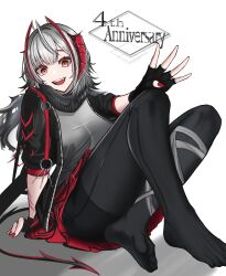 Rule 34 | 1girl, absurdres, antenna hair, antennae, arknights, black gloves, black jacket, black pantyhose, black scarf, breasts, demon girl, demon horns, demon tail, fingerless gloves, gloves, grey hair, grey shirt, highres, holding, horns, jacket, large breasts, looking at viewer, myb52, open clothes, open jacket, pantyhose, red eyes, red nails, scarf, shirt, short hair, simple background, sitting, skirt, smile, solo, tail, w (arknights)