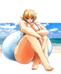 Rule 34 | 00s, 1girl, ass, bad anatomy, barefoot, bikini, blonde hair, blue eyes, blush, breasts, curvy, female focus, full body, highres, huge ass, huge breasts, igawa sakura, lilith-soft, looking at viewer, shiny skin, short hair, sitting, smile, solo, swimsuit, taimanin (series), taimanin asagi, thick thighs, thighs, toes, wide hips, wrato