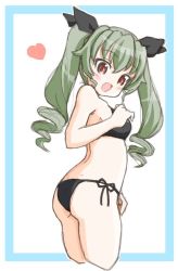 Rule 34 | 10s, 1girl, :d, anchovy (girls und panzer), ass, bikini, black bikini, black ribbon, blue border, border, commentary, cropped legs, drill hair, ehime (ehime mikan), from side, girls und panzer, hair ribbon, heart, long hair, looking at viewer, looking back, one-hour drawing challenge, open mouth, outside border, red eyes, ribbon, side-tie bikini bottom, smile, solo, swimsuit, twin drills, twintails