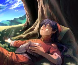 Rule 34 | 1boy, bandana, book, chinese clothes, chuuka ichiban!, closed eyes, cloud, dappled sunlight, day, grass, hair between eyes, liu mao xing, long hair, long sleeves, low ponytail, lying, male focus, mikura0319, mountainous horizon, nature, on back, on ground, open book, outdoors, outstretched arm, pants, parted lips, ponytail, purple hair, red headwear, red pants, red shirt, sash, shirt, sky, sleeping, sleeves rolled up, solo, sunlight, tangzhuang, toggles, tree, under tree, upper body