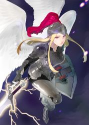Rule 34 | 1girl, angel wings, armor, armored boots, blonde hair, boobplate, boots, breastplate, electricity, electrified sword, electrified weapon, energy, expressionless, feathers, floating, flying, full armor, full body, gauntlets, gradient background, greaves, helmet, highres, knee pads, lips, orangekira, original, pauldrons, pink eyes, shield, shingoku no valhalla gate, short hair with long locks, shoulder armor, shoulder pads, sidelocks, solo, sparkle, sword, weapon, wings