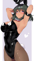 Rule 34 | 1girl, animal ears, armband, armpits, arms behind head, arms up, bare shoulders, black leotard, breasts, brown pantyhose, cleavage, commentary request, cowboy shot, dark-skinned female, dark skin, detached collar, fake animal ears, fake tail, green hair, groin, highres, idolmaster, idolmaster cinderella girls, large breasts, latex, leotard, looking at viewer, natalia (idolmaster), pantyhose, playboy bunny, purple eyes, rabbit ears, rabbit tail, short hair, smile, solo, strapless, strapless leotard, tail, trente
