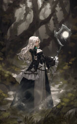 1girl absurdres arowana2111 ascot black_dress breasts dress fantasy forest frilled_sleeves frills highres holding holding_staff large_breasts long_hair nature original red_eyes solo staff standing white_hair wide_sleeves