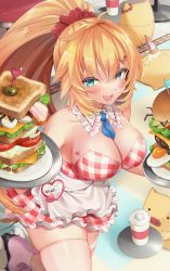 Rule 34 | 1girl, absurdres, akai haato, apron, bare shoulders, blonde hair, blue eyes, blue neckwear, blush, bread, breasts, character name, cheese, cleavage, commentary request, cup, detached collar, disposable cup, dress, egg, egg (food), fang, food, fried egg, frilled apron, frilled dress, frills, haaton (akai haato), hair between eyes, hair ornament, hardboiled egg, heart, heart hair ornament, highres, holding, holding tray, hololive, indoors, large breasts, long hair, looking at viewer, makinan, necktie, open mouth, pink footwear, plaid, plaid dress, plate, ponytail, red dress, roller skates, sandwich, short necktie, skates, skin fang, smile, standing, standing on one leg, thighhighs, tomato, tomato slice, tray, very long hair, virtual youtuber, white apron, white thighhighs