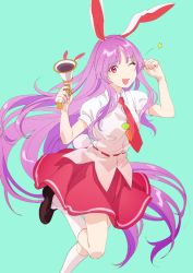 1girl animal_ears asawa_(dm_owr) bad_id bad_pixiv_id black_footwear blush carrot commentary_request gun kneehighs loafers long_hair looking_at_viewer necktie one_eye_closed open_mouth pink_skirt puffy_short_sleeves puffy_sleeves purple_hair rabbit_ears rabbit_tail red_eyes reisen_udongein_inaba shirt shoes short_sleeves simple_background skirt socks star_(symbol) tail touhou very_long_hair weapon white_shirt