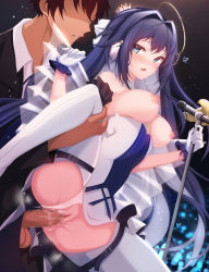 Rule 34 | 1boy, 1girl, arknights, astesia (arknights), astesia (frlibe on the palace) (arknights), bad id, bad pixiv id, blue eyes, blue hair, blush, breasts, breasts out, censored, chinese commentary, clothed sex, clothes pull, clothing aside, crown, dress, dress pull, faceless, faceless male, feet out of frame, frilled gloves, frills, furrowed brow, gloves, glowstick, hair intakes, halo, heart, hetero, highres, holding, holding microphone stand, lace, lace-trimmed panties, lace trim, leg hold, long hair, looking at another, looking back, medium breasts, microphone, microphone stand, mini crown, mosaic censoring, nipples, no eyes, official alternate costume, open mouth, panties, panties aside, penis, pussy, pussy juice, see-through, sex, sex from behind, smile, spread legs, standing, standing on one leg, standing sex, steaming body, testicles, thighhighs, underwear, vaginal, veil, white dress, white gloves, white panties, white thighhighs, wing228