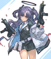 Rule 34 | 1girl, absurdres, belt, black dress, black gloves, blue archive, blue necktie, closed mouth, commentary request, dot nose, dress, gloves, gun, hair ornament, halo, hands up, highres, holding, holding gun, holding weapon, jacket, long hair, long sleeves, looking at viewer, name tag, necktie, purple eyes, purple hair, shirt, sidelocks, solo, submachine gun, thighs, twintails, v-shaped eyebrows, weapon, white background, white belt, white jacket, white shirt, yanyan (shinken gomi), yuuka (blue archive)