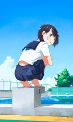 Rule 34 | 1girl, black hair, cloud, dated, day, from behind, green eyes, hair ornament, hairclip, hugging own legs, kusakabe (kusakabeworks), looking at viewer, looking back, one-piece swimsuit, original, pleated skirt, pool, school uniform, see-through, serafuku, short sleeves, skirt, sky, solo, squatting, swimsuit, swimsuit under clothes, water