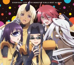 Rule 34 | 10s, 5girls, ahoge, album cover, black hair, black sclera, blonde hair, blue eyes, breasts, colored sclera, copyright name, cover, cyclops, dark-skinned female, dark skin, doppel (monster musume), doppelganger, eyebrows, eyes visible through hair, fang, fingerless gloves, glasses, gloves, grin, headband, highres, horns, large breasts, long hair, looking over eyewear, looking over glasses, manako, monster girl, monster musume no iru nichijou, ms. smith, multiple girls, music, nude, official art, ogre, one-eyed, one eye closed, open mouth, pointy ears, purple hair, red eyes, red hair, sharp teeth, short hair, singing, single horn, small breasts, smile, standing, stitches, sunglasses, teeth, tinted eyewear, tionishia, uniform, very long hair, white hair, wink, yellow eyes, zombie, zombina (monster musume)